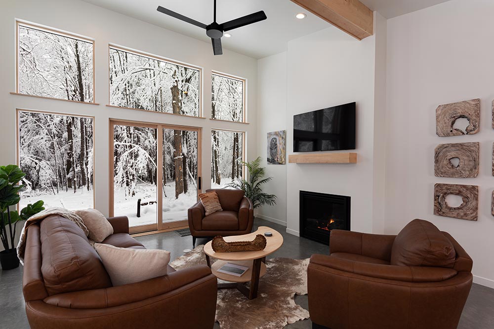 Interior Living area in the snow with couch, chairs, and a television