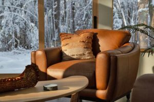 Seating in the living room of our Luxury Cabin in Wisconsin - the best place to stay in Wisconsin while enjoying the top things to do in Wausau