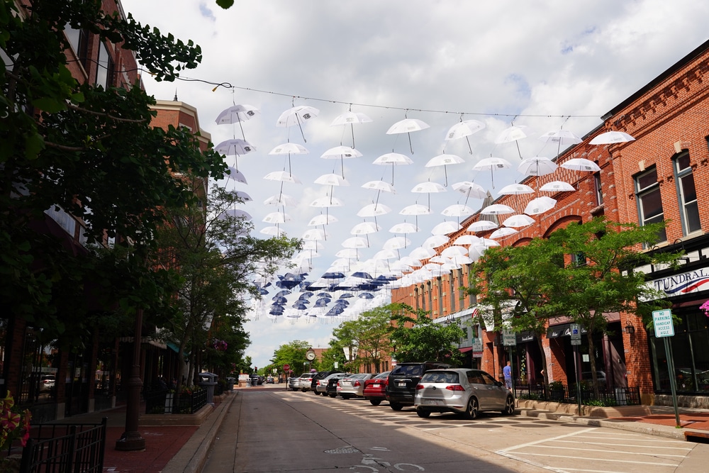 Umbrellas over the streets of downtown Wausau, where you'll find great shopping and the best things to do in Wausau, WI